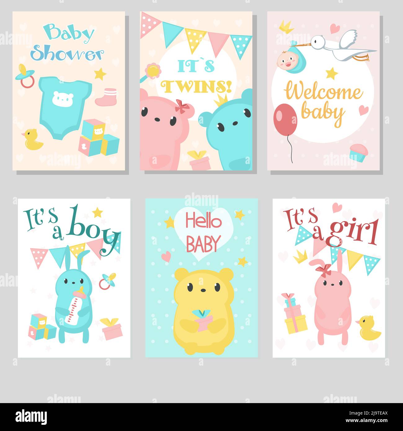 Baby shower invitation greeting card template set. Vector hand drawn ...