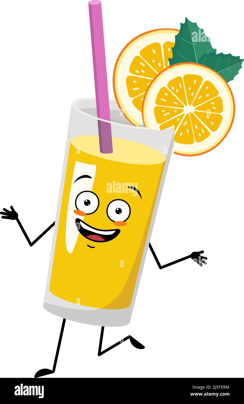 Orange smoothie with fruit and straw character with crazy joyful