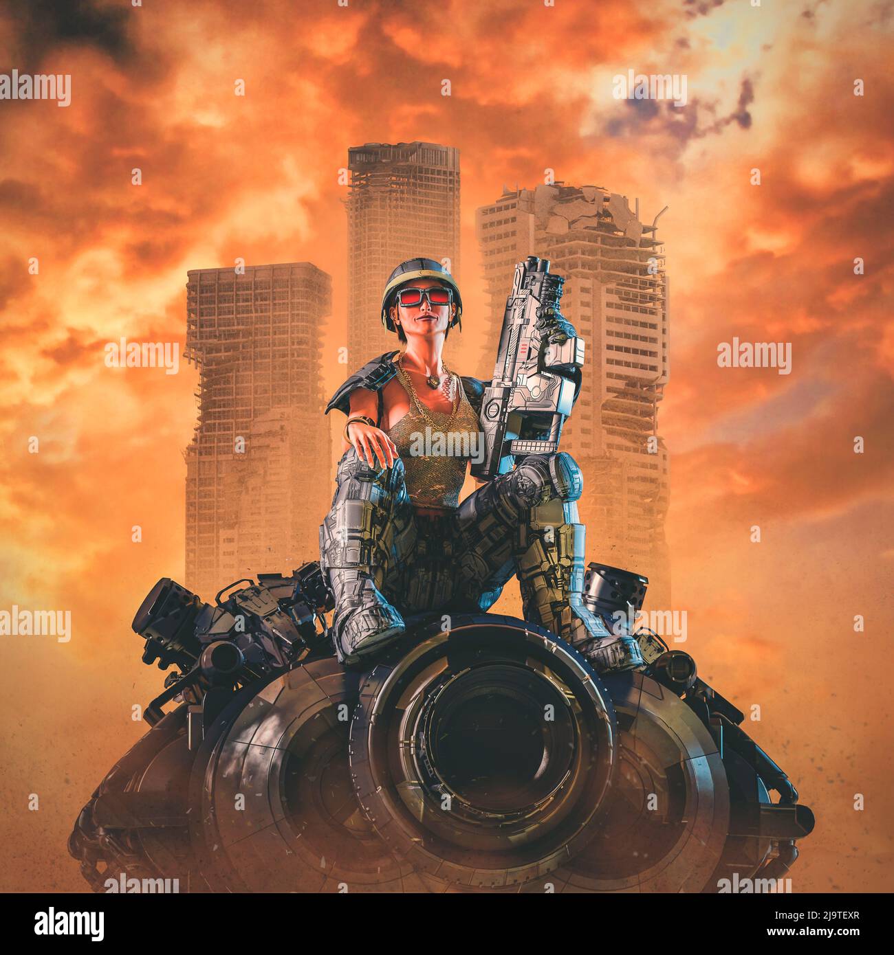 Cyberpunk soldier girl desert war - 3D illustration of science fiction military female warrior riding futuristic tank through city ruins Stock Photo