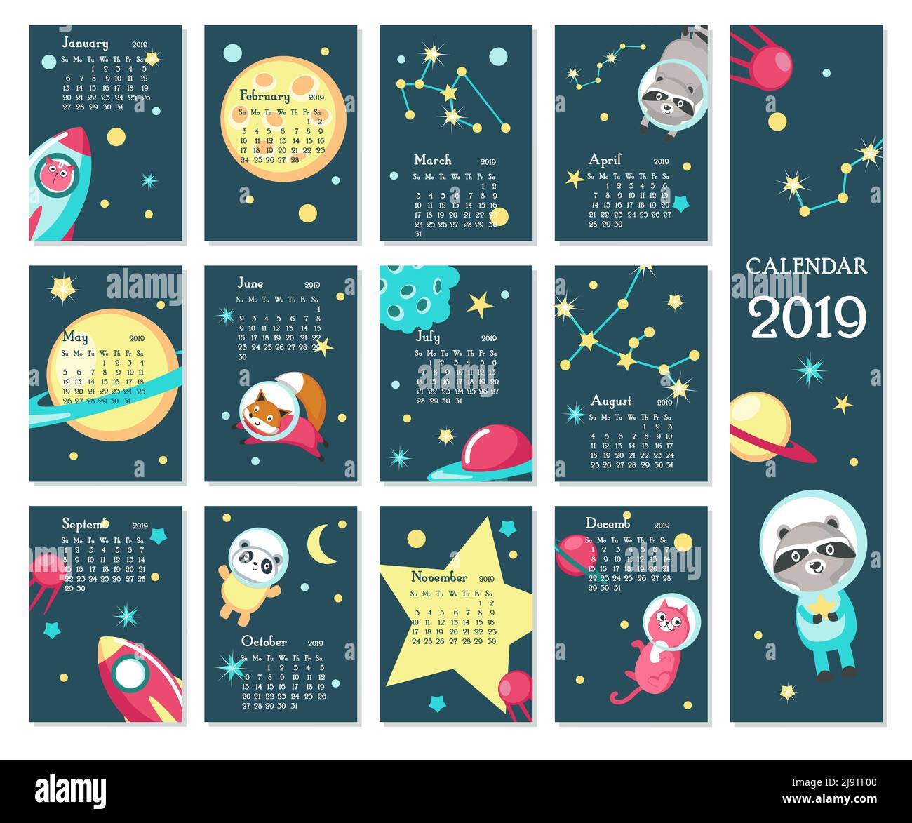 Year 2019 calendar vector template. Yearly calendar showing months with ...