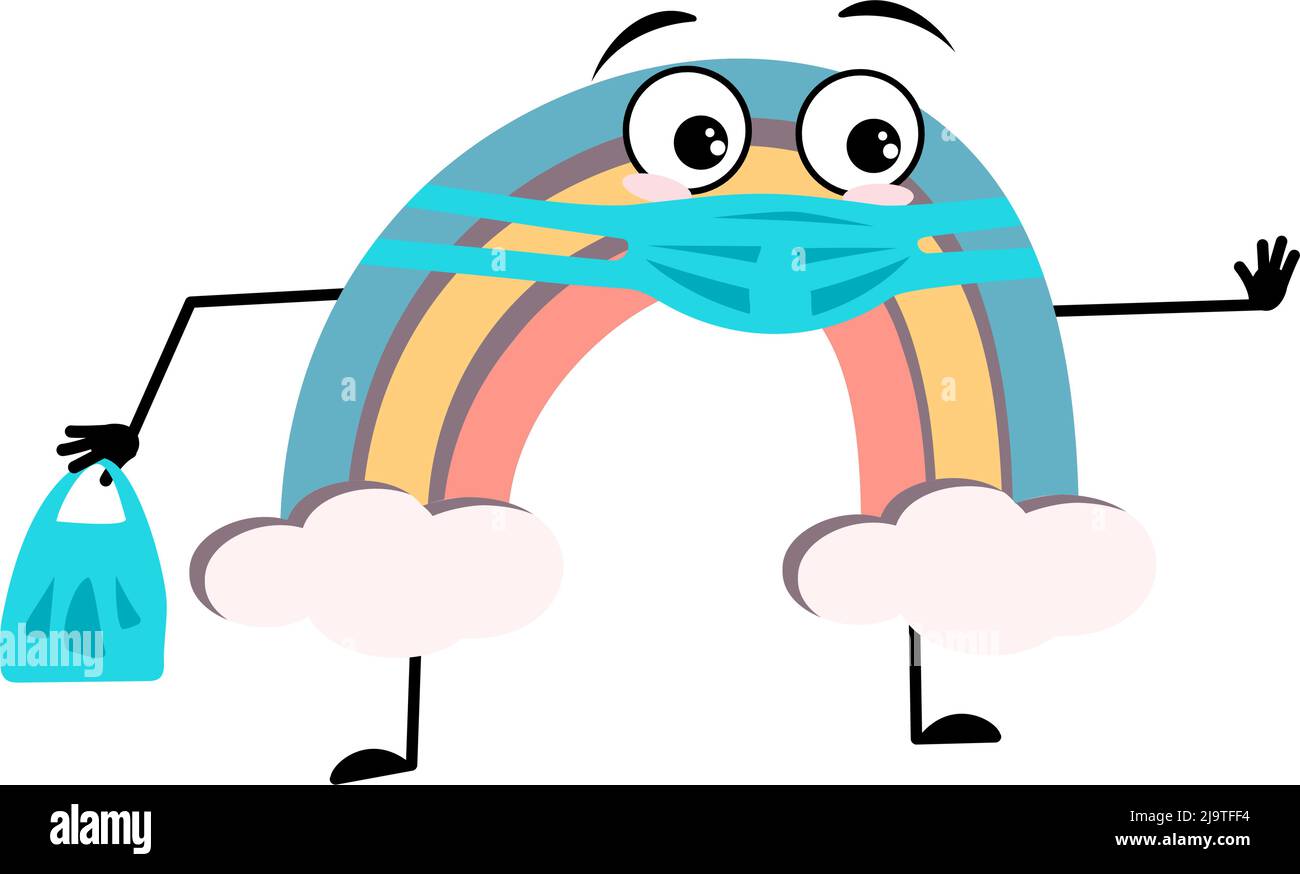 Cute rainbow character with face in medical mask and keep distance, hands with shopping bag and stop gesture. Person with care expression and pose. Vector flat illustration Stock Vector