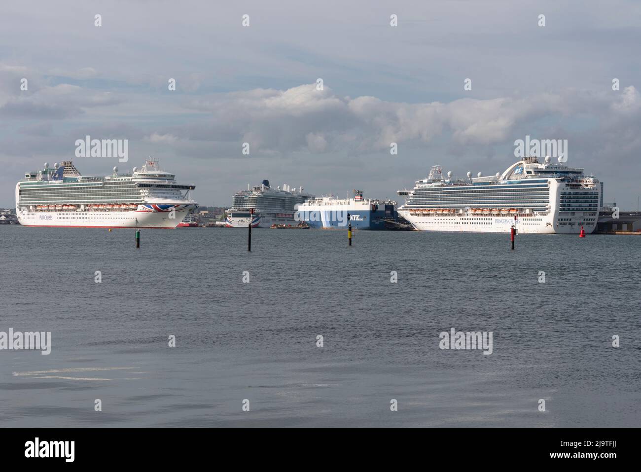 Southampton port, England, UK. Three cruise ships, Ventura, Iona