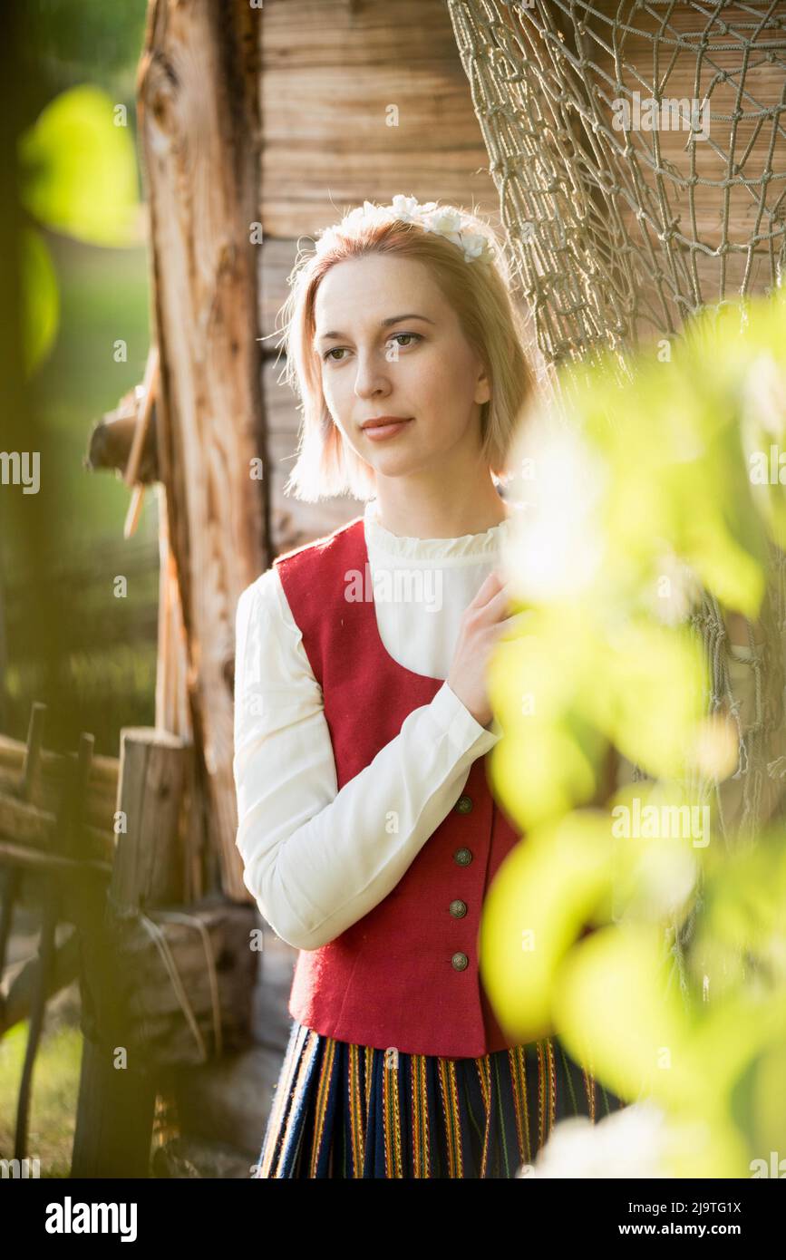 Latvian woman in traditional clothing. Ligo folk Stock Photo - Alamy