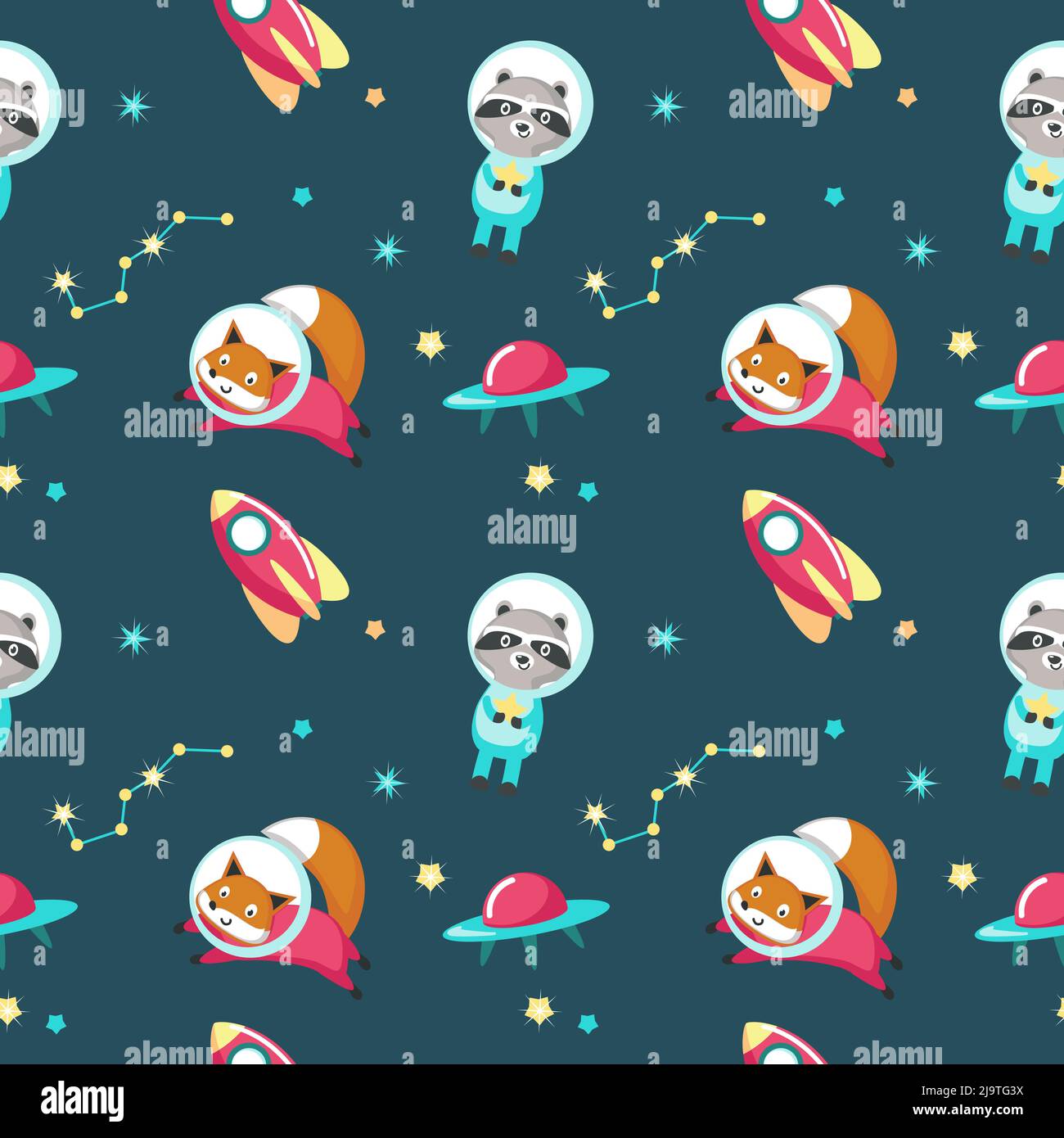 Cute animals in outer space vector seamless pattern. Creative design ...