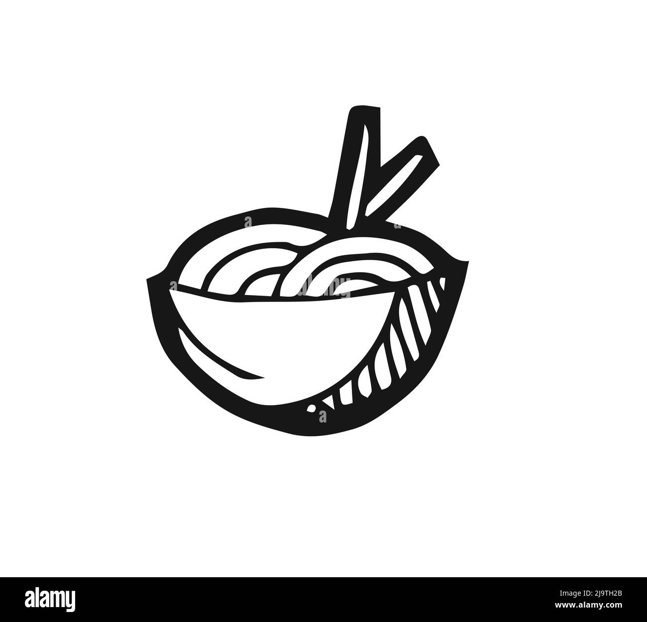 Plate of noodles and chopsticks. Hand drawing outline. Isolated on white background. Monochrome drawing. Vector Stock Vector