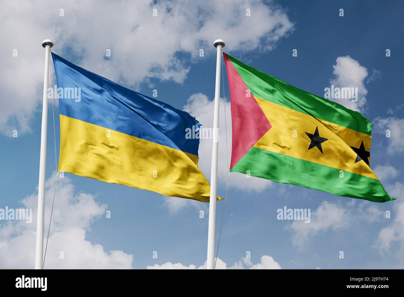 Ukraine and Sao Tome and Principe two flags on flagpoles and blue cloudy sky background Stock Photo