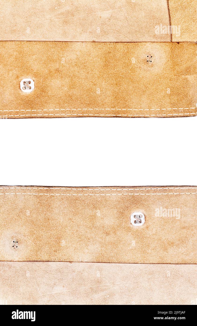 Two pieces of brown leather with a space for text isolated on white background. Stock Photo