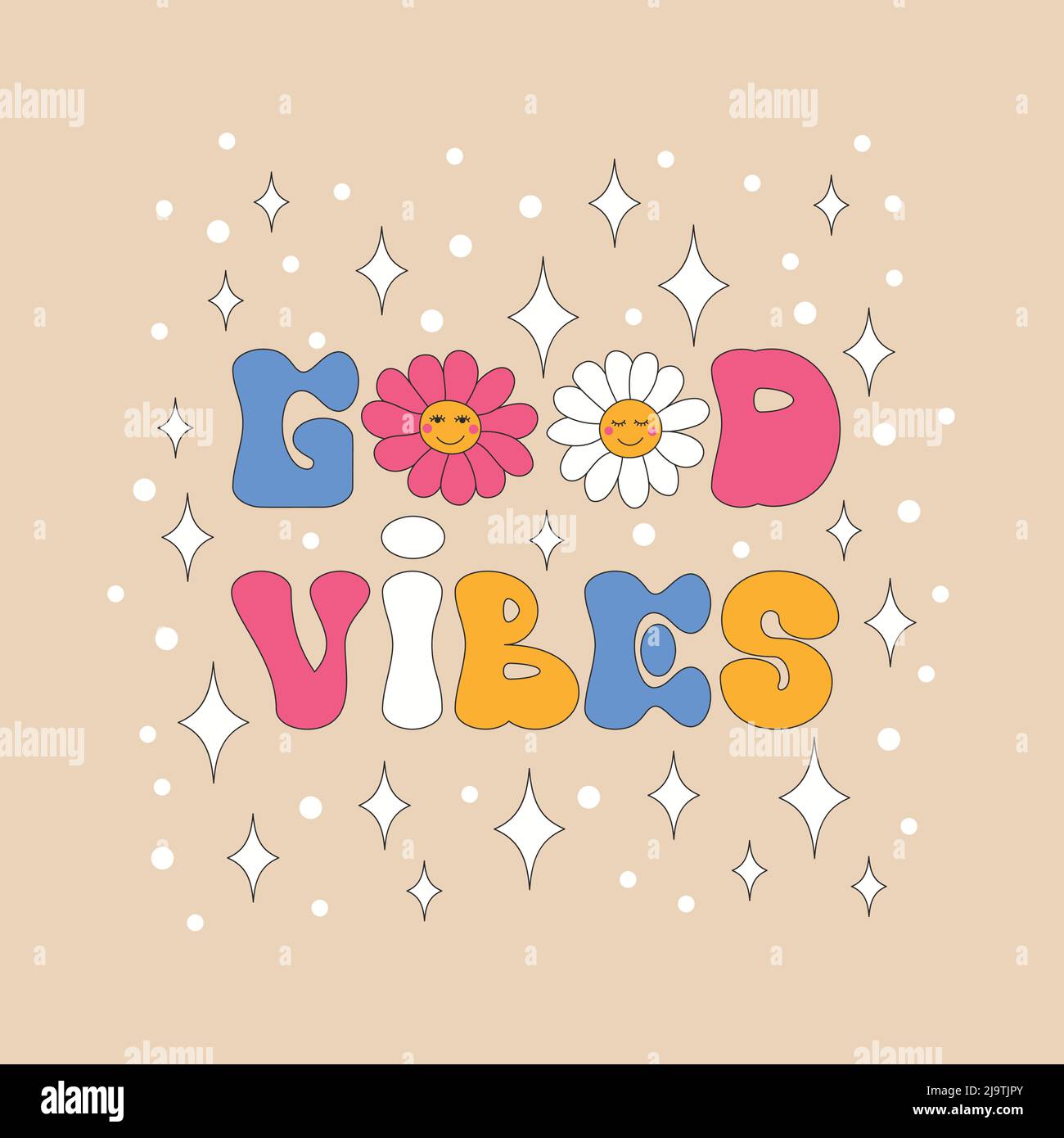 Retro daisies with sparkles and a smile.  Stock Vector