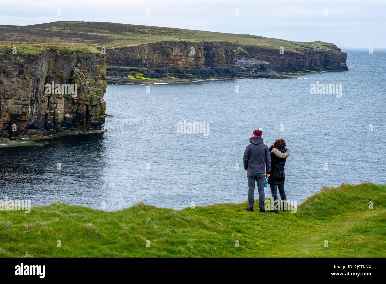 Cliff top viewpoint at Mull Head nature reserve, Deerness, Orkney mainland, Orkney Islands, Scotland. Stock Photo