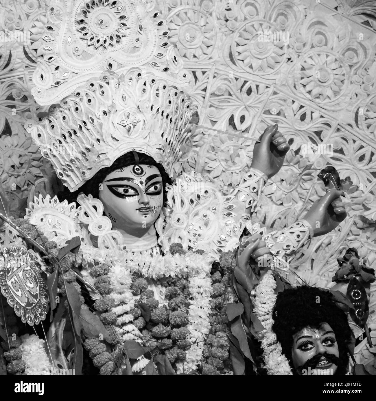 Goddess Durga with traditional look in close up view at a South Kolkata Durga Puja, Durga Puja Idol, A biggest Hindu Navratri festival in India Black Stock Photo