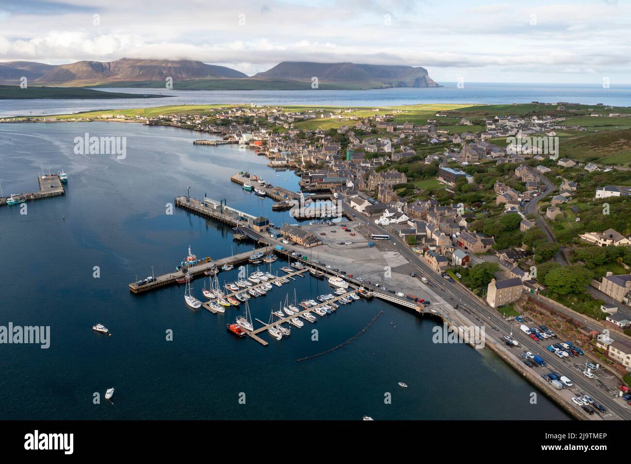 Aerial view of Stromness harbour, Stromness, Orkney mainland, Scotland. Stock Photo