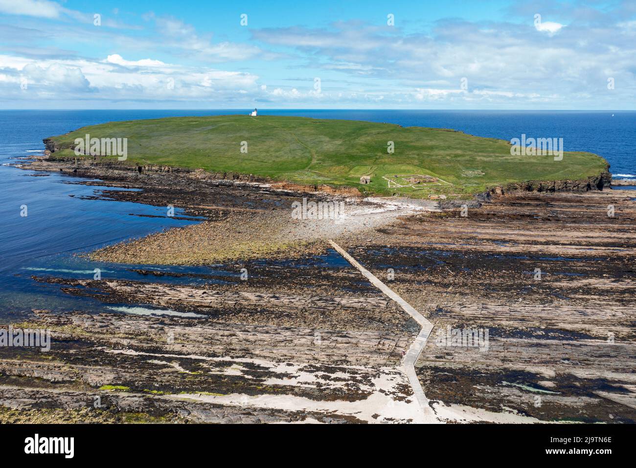Aerial view of the Brough of Birsay on the west mainland of Orkney, Scotland, UK. Stock Photo