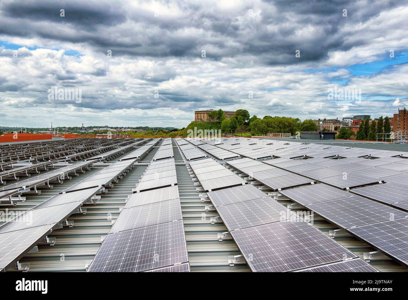 Solar panels on the roof of the new Broad Marsh Car Park in Nottingham City, Nottinghamshire England UK Stock Photo