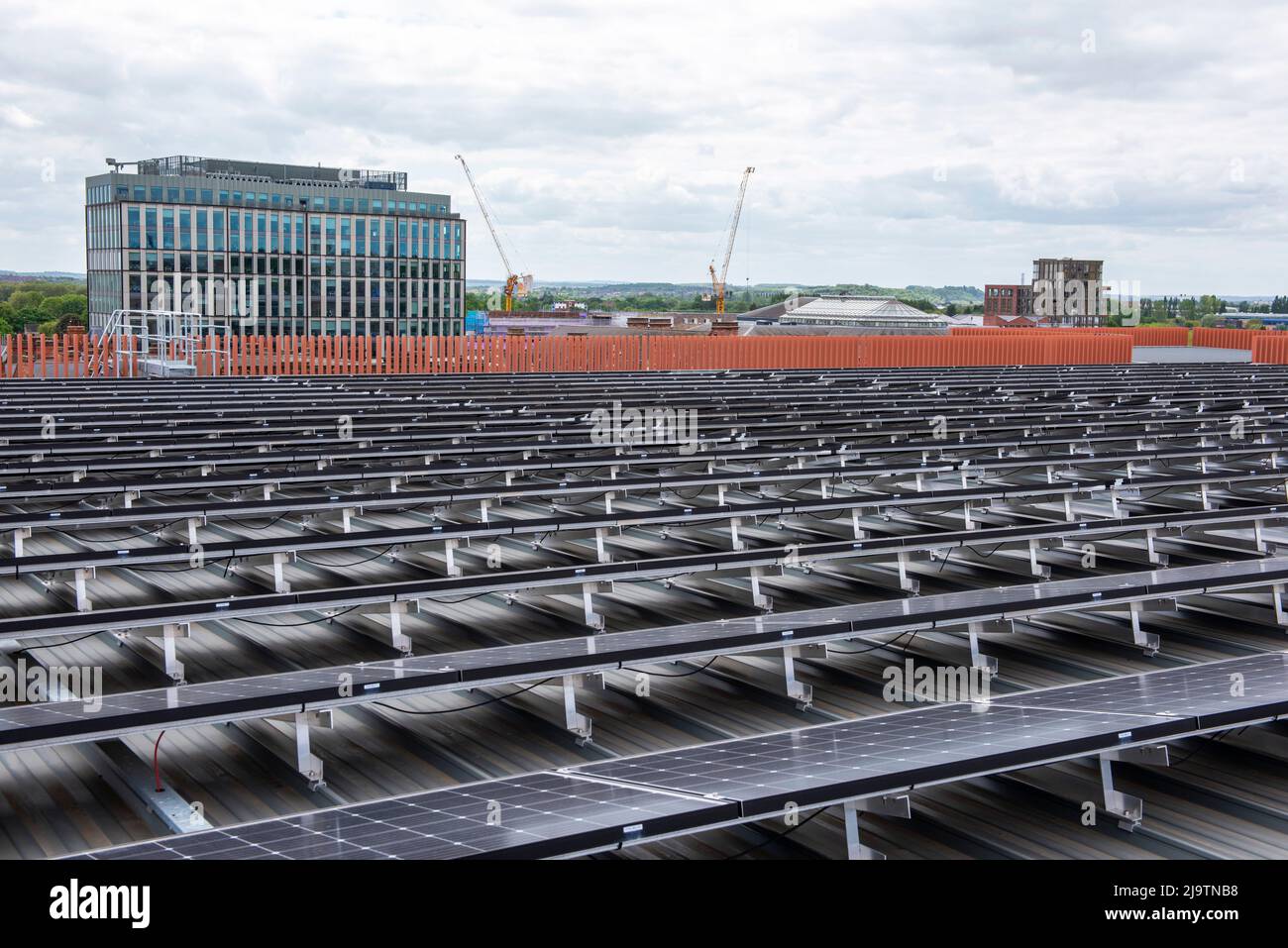 Solar Panels on the roof of the Broad Marsh Car Park in Nottingham City Centre May 2022, Nottinghamshire England UK Stock Photo