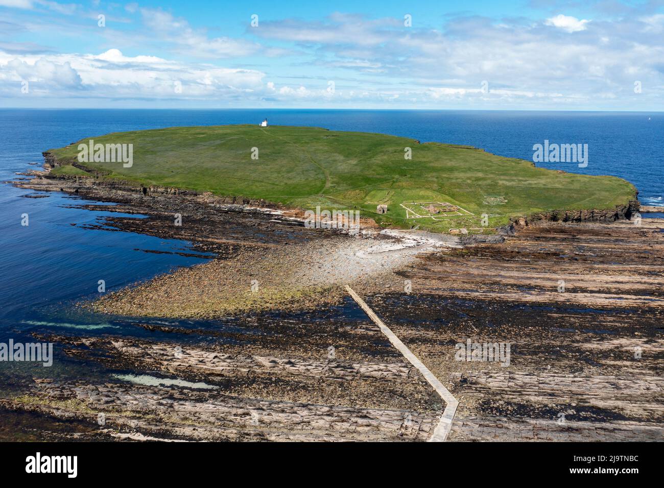 Aerial view of the Brough of Birsay on the west mainland of Orkney, Scotland, UK. Stock Photo