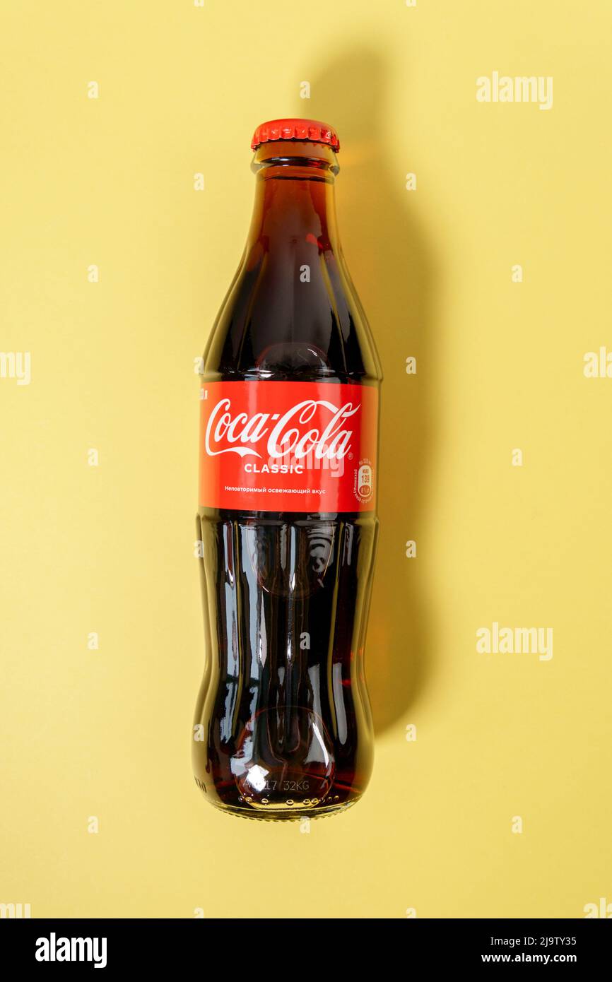 Tyumen, RussiaApril 03, 2022 Coca Cola soft drinks bottles. Soft