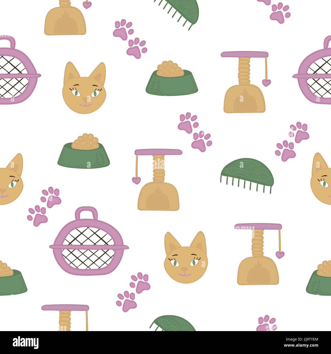 Cute сat theme on white background, seamless pattern Stock Vector