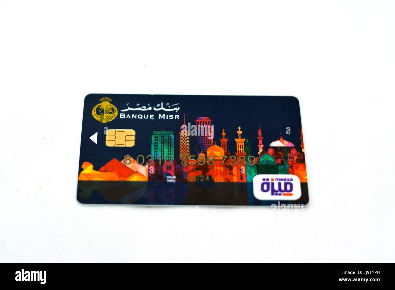 Cairo, Egypt, May 25 2022: Selective focus of Banque Misr or Egypt bank prepaid meeza debit card banking services isolated on white background Stock Photo