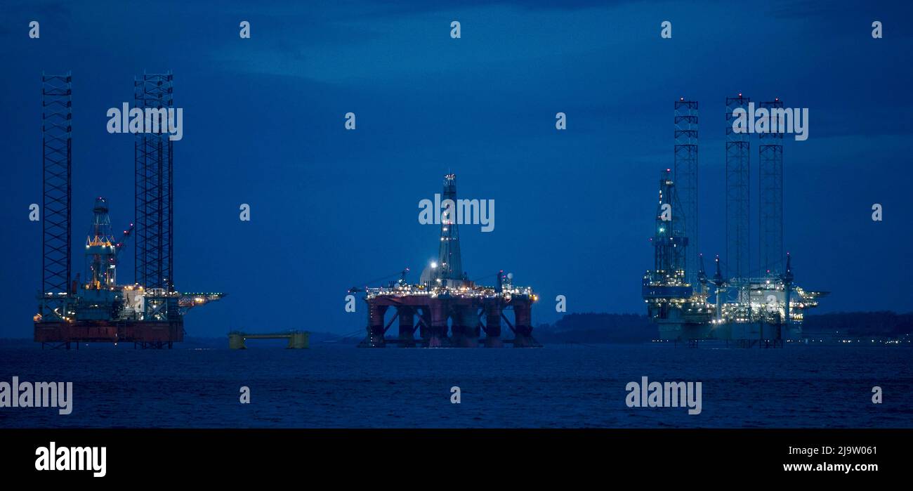 OIL CRISIS.Oil rigs Cromarty Firth, being plus wind