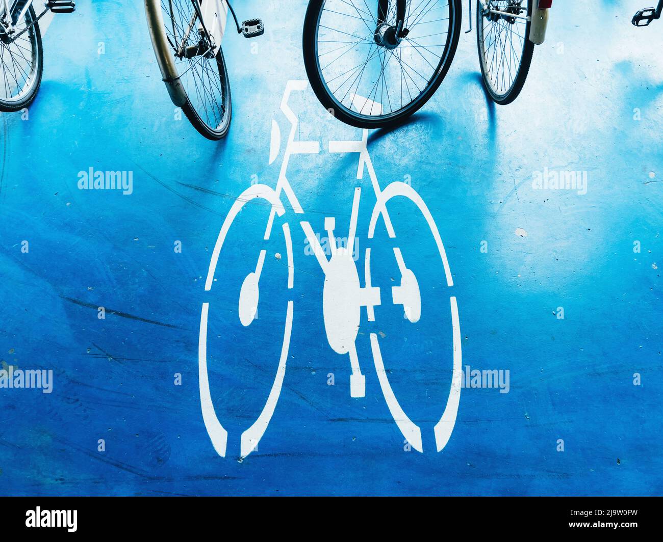 Bicycle parking area with bike pictogram symbol on ground and wheels in the background Stock Photo