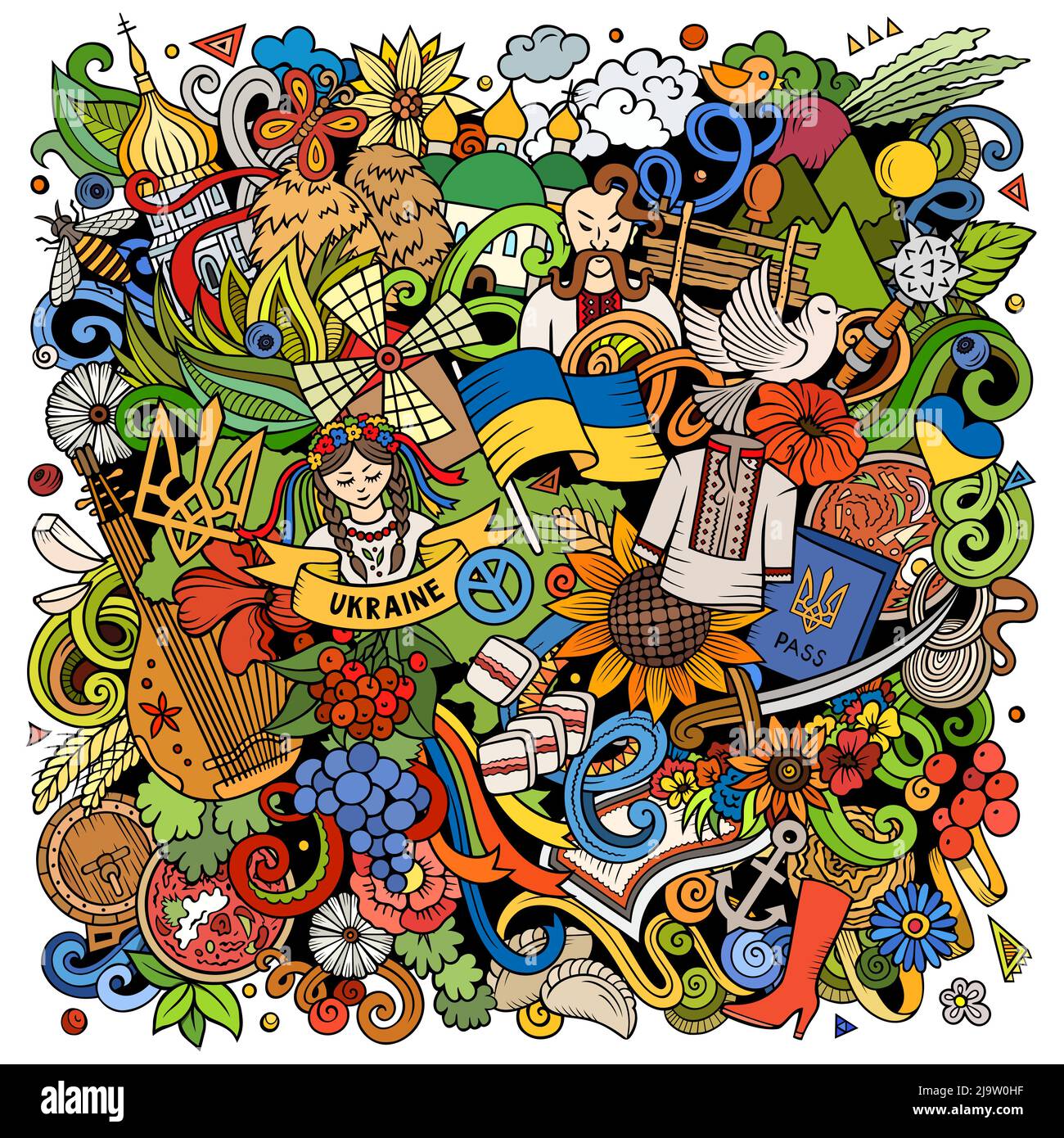 Ukraine Cartoon Ukraine cartoon vector doodles illustration. Ukrainian symbols ...