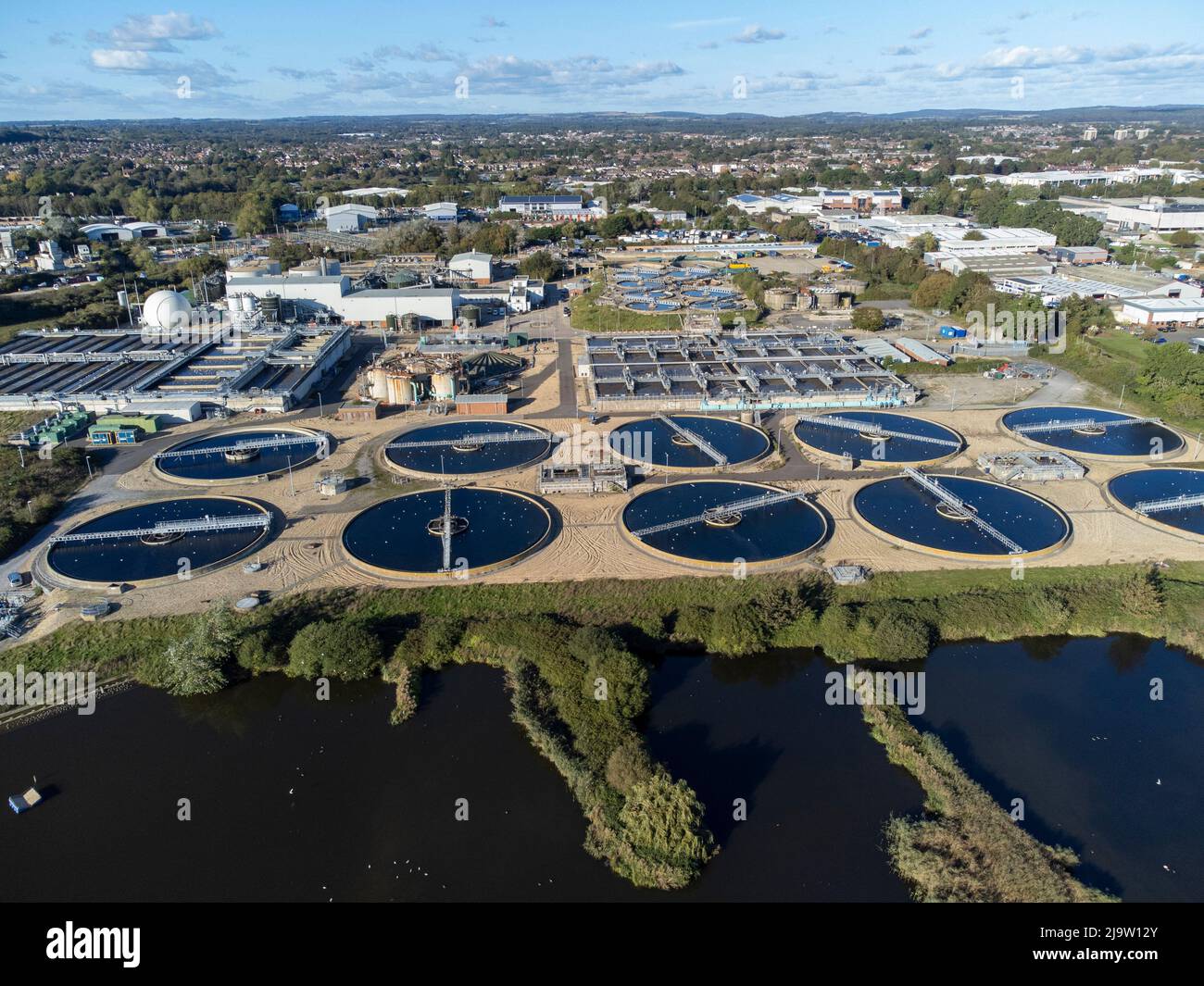 Aerial view of Southern Water Budd's Farm wastewater treatment plant, Havant, Hampshire UK Stock Photo