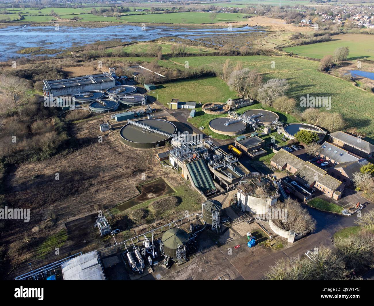 Aerial view of Southern Water Chichester wastewater treatment works, West Sussex,England Stock Photo