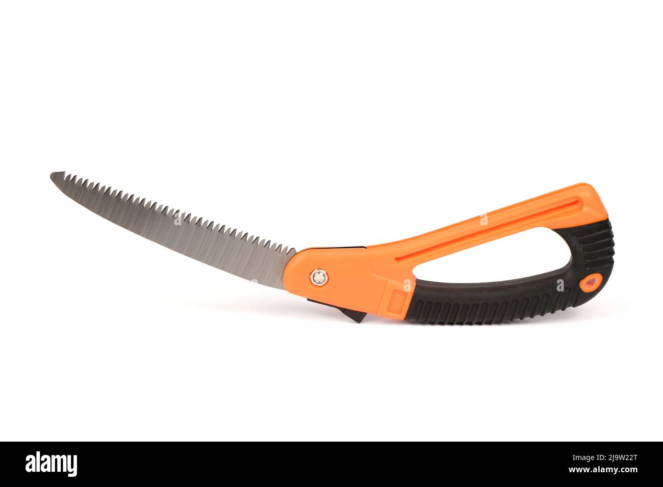 Folding garden saw in the folded state isolated on a white background, pocket saw. High resolution photo. Full depth of field. Stock Photo