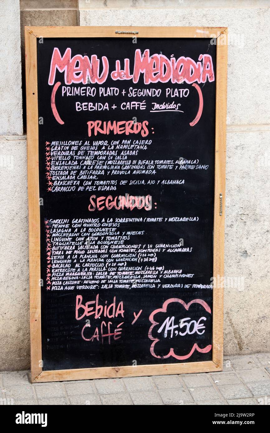Menu del Mediodia, lunchtime menu, on blackboard, Tarragona Stock Photo