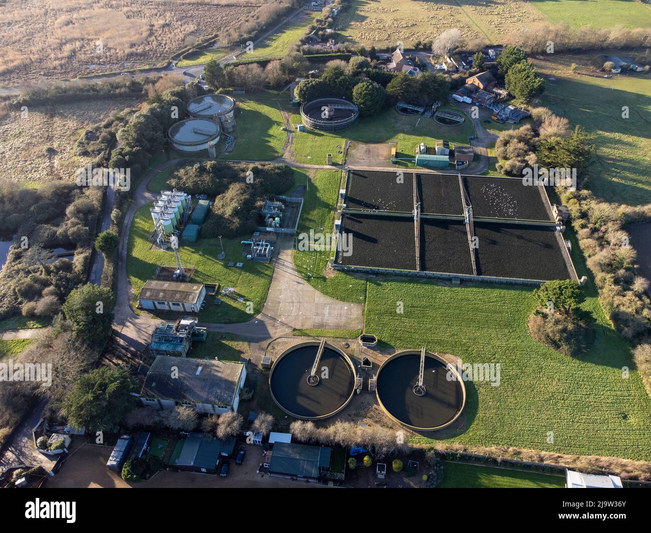 Aerial view of Southern Water Thornham wastewater treatment plant near