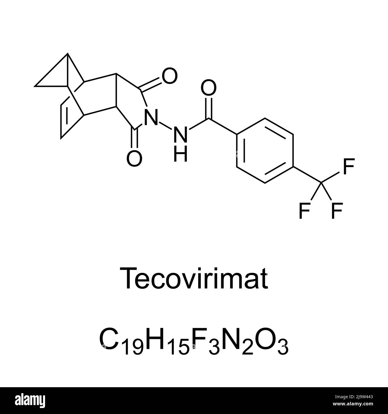 Tecovirimat, chemical formula and skeletal structure. Antiviral medication with activity against orthopoxviruses such as smallpox and monkeypox. Stock Photo