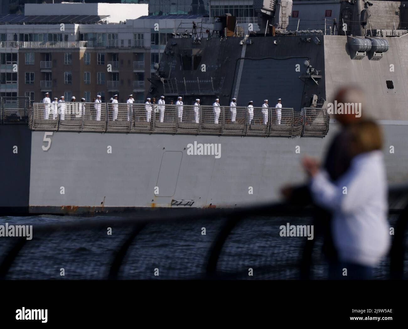 New York, United States. 25th May, 2022. Men and women in uniform stand on the deck of The USS Bataan as Fleet Week kicks off with the arrival of Naval and Coast Guard ships that travel up the Hudson River and pass by the Intrepid Museum in New York City on Wednesday, May 25, 2022. Photo by John Angelillo/UPI Credit: UPI/Alamy Live News Stock Photo