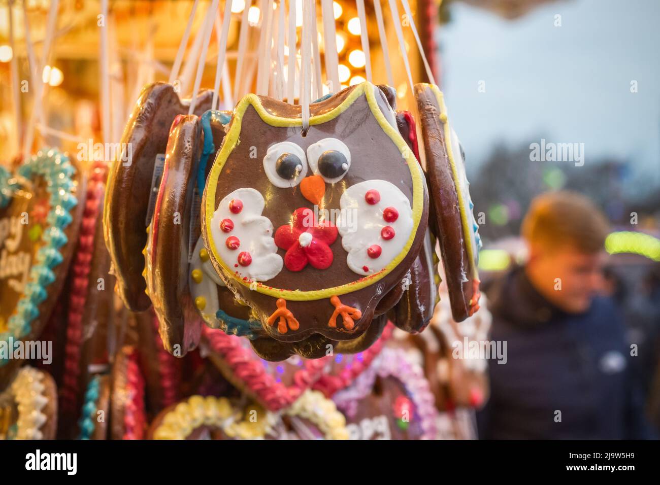 Gingerbread owls on display at Christmas market in Hyde Park Winter Wonderland in London Stock Photo