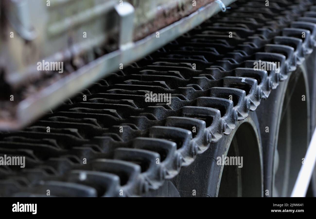 Detail of the track drive of armored vehicle (tread) Stock Photo