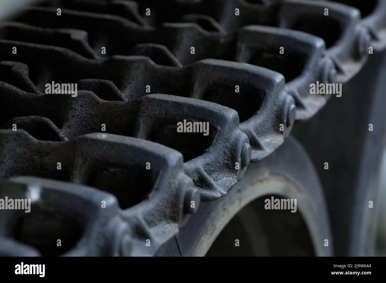 Detail of the track drive of armored vehicle (tread), close up photography Stock Photo