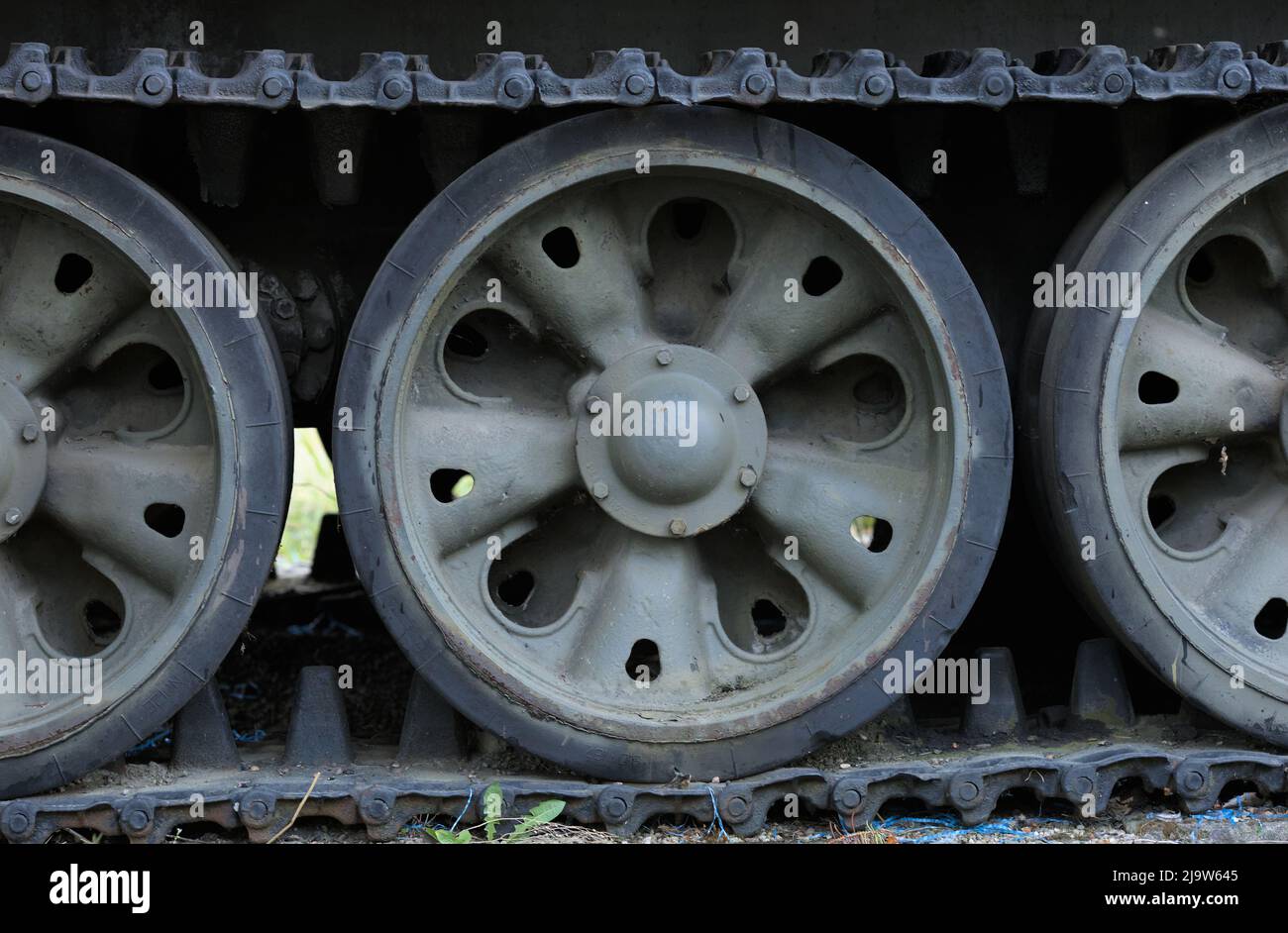 Detail of the track drive of armored vehicle (wheels) Stock Photo