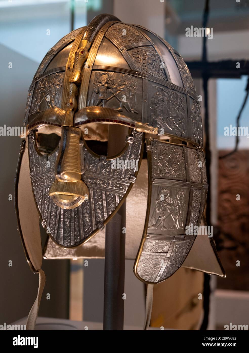 The Sutton Hoo helmet is a decorated Anglo-Saxon helmet found during a 1939 excavation of the Sutton Hoo ship-burial Stock Photo