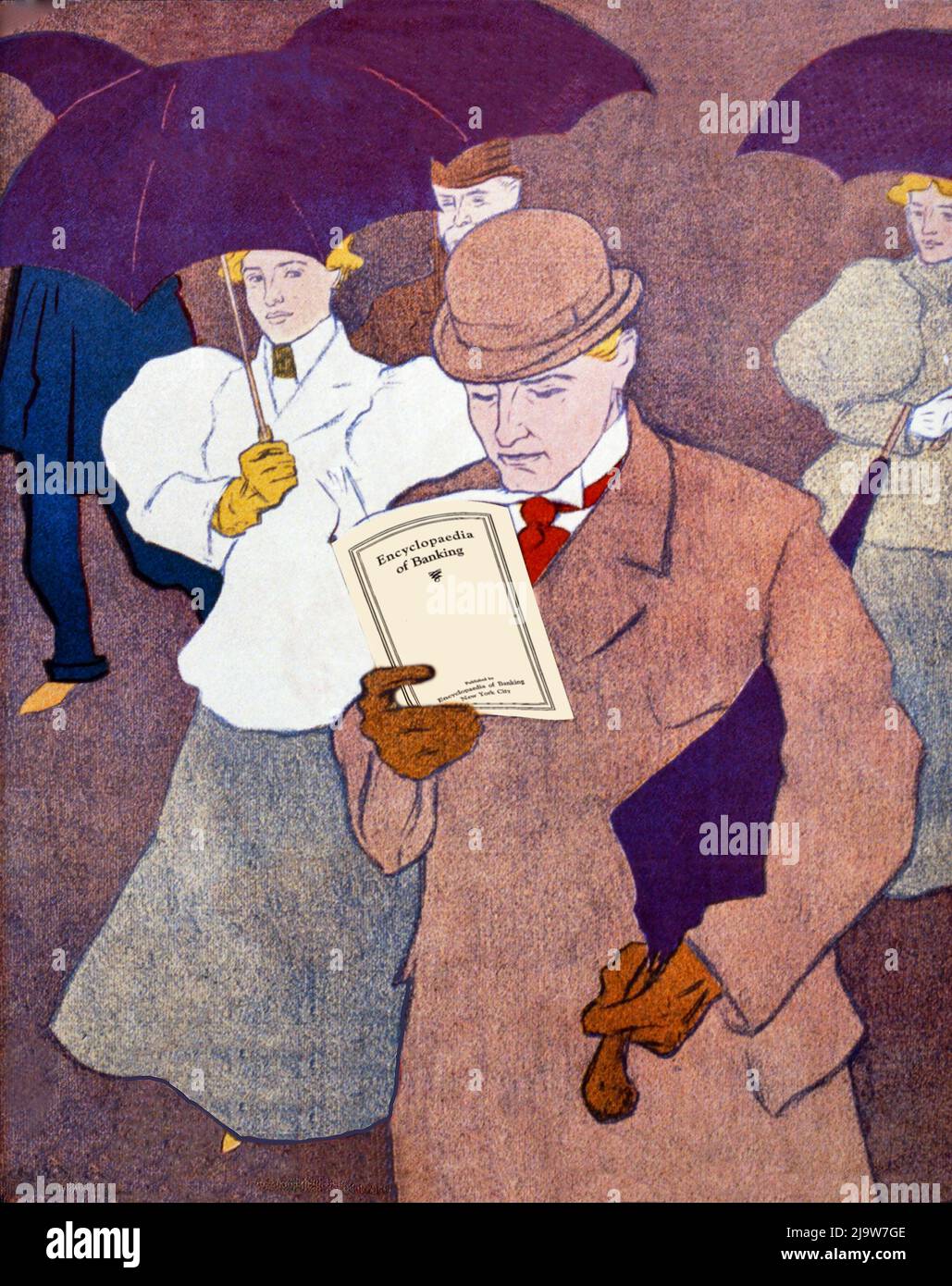 An illustration of a well dressed and fashionable man reading a book about banking in the rain. The image by Joseph J Gould (1880-1935) is a detail from a poster for Lippincott's, an American monthly literary magazine published in Philadelphia from 1868 to 1915. Stock Photo