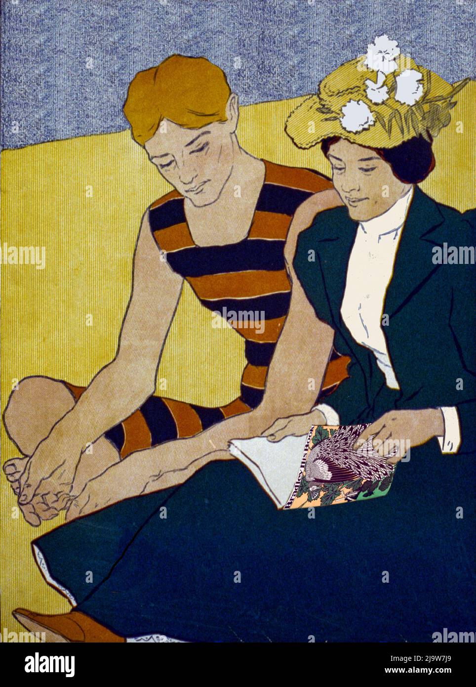 An illustration of a young man in a swim suit and young woman on a bathing beach, with the latter is fully clothed and reading book. The image by Joseph J Gould (1880-1935) is a detail from a poster for Lippincott's, an American monthly literary magazine published in Philadelphia from 1868 to 1915. Stock Photo
