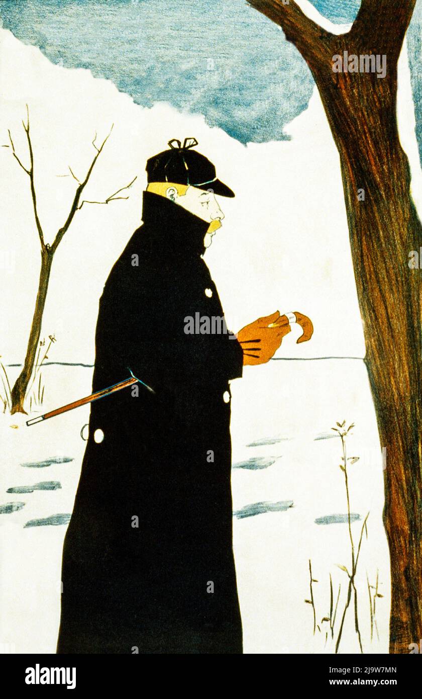 An illustration of a man taking a walk in the snow covered winter countryside. The image by William L. Carqueville (1871-1946) is a detail from a 1894 poster for Lippincott's, an American monthly literary magazine published in Philadelphia from 1868 to 1915. Stock Photo