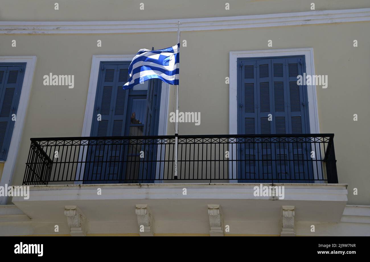 Greek Windows Railing Neoclassical building with blue wooden window shutters, white trim a ...