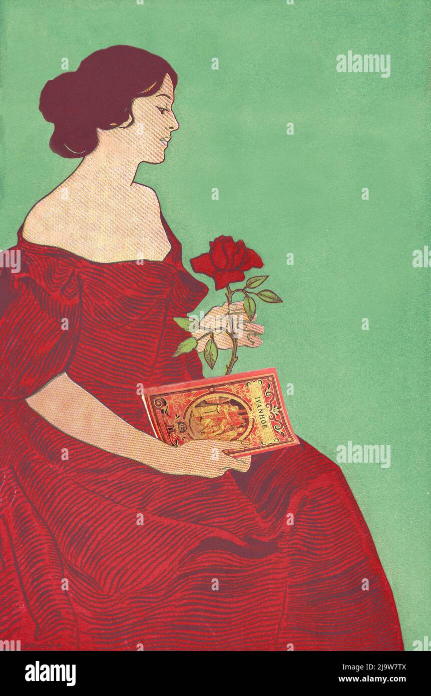 An illustration of a woman in a red dress, sitting with a red rose in one hand and a copy of Ivanhoe by Walter Scott in the other hand. The image by Joseph J Gould (1880-1935) is a detail from a 1894 poster for Lippincott's, an American monthly literary magazine published in Philadelphia from 1868 to 1915. Stock Photo