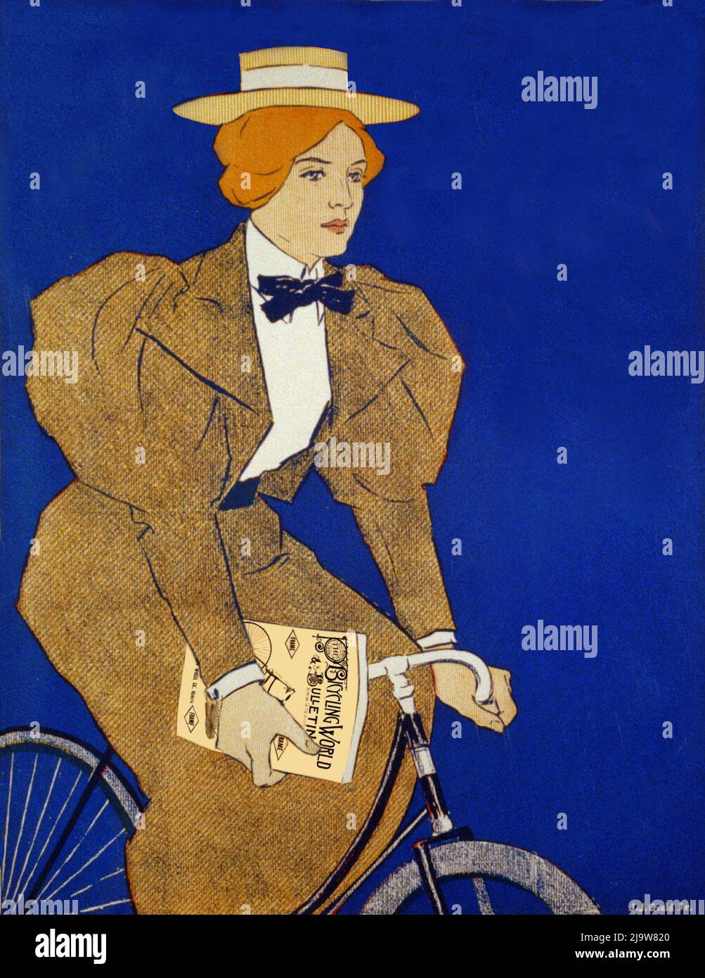 An illustration of a woman on a bicycle with a Cycle Manual in her hand. The image by Joseph J Gould (1880-1935) is a  detail from a poster for Lippincott's, an American monthly literary magazine published in Philadelphia from 1868 to 1915. Stock Photo