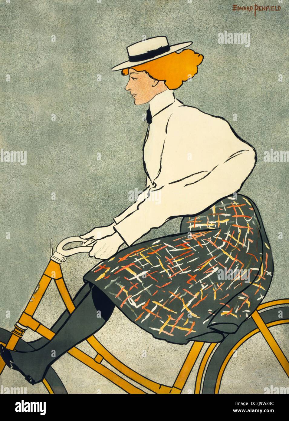 The illustration of a woman on a bicycle by Edward Penfield (1866-1925) is a modified detail from a 1895 poster advertising Stearns Bicycles of New York, USA. Stock Photo