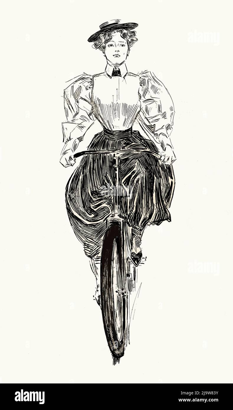 The detail from an illustration of a woman on a bicycle by Charles Dana Gibson (1867-1944) is a modified detail from a 1895 poster advertising Scribner's,  an American publisher based in New York City. Stock Photo