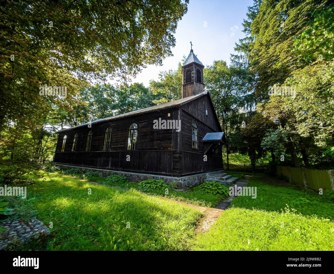 Nowy Secymin, Poland - August 13, 2021. Church of Nativity of the Blessed Virgin Mary. Formerly the Evangelical-Augsburg Church in Summer Stock Photo