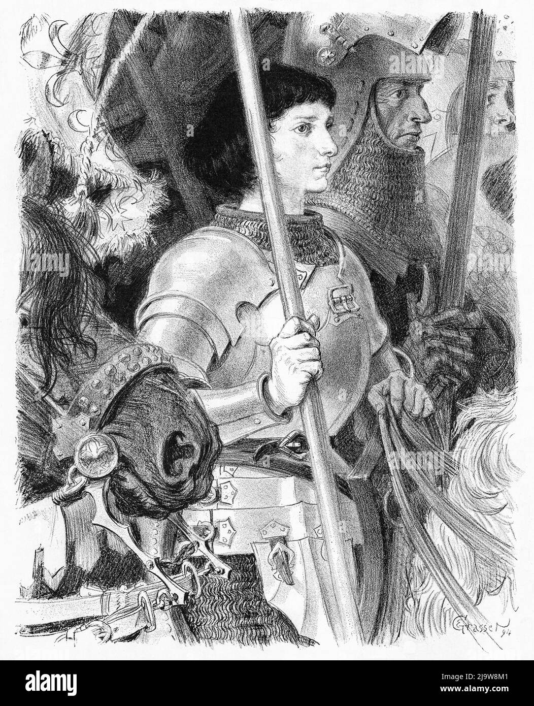 A modified illustration by Eugène Grasset (1841-1917) from a poster showing Joan of Arc in armour on horseback with a group of soldiers Stock Photo