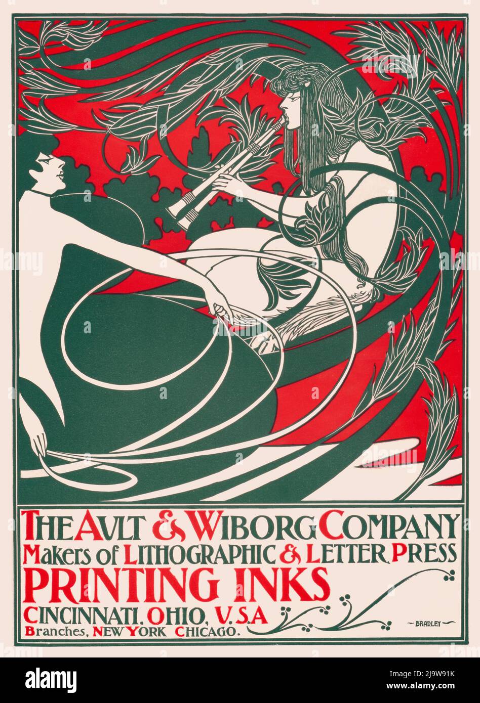 An advertising poster by Will Bradley (1868-1962) showing a woman playing pipes for printing inks by Ault & Wiborg Stock Photo