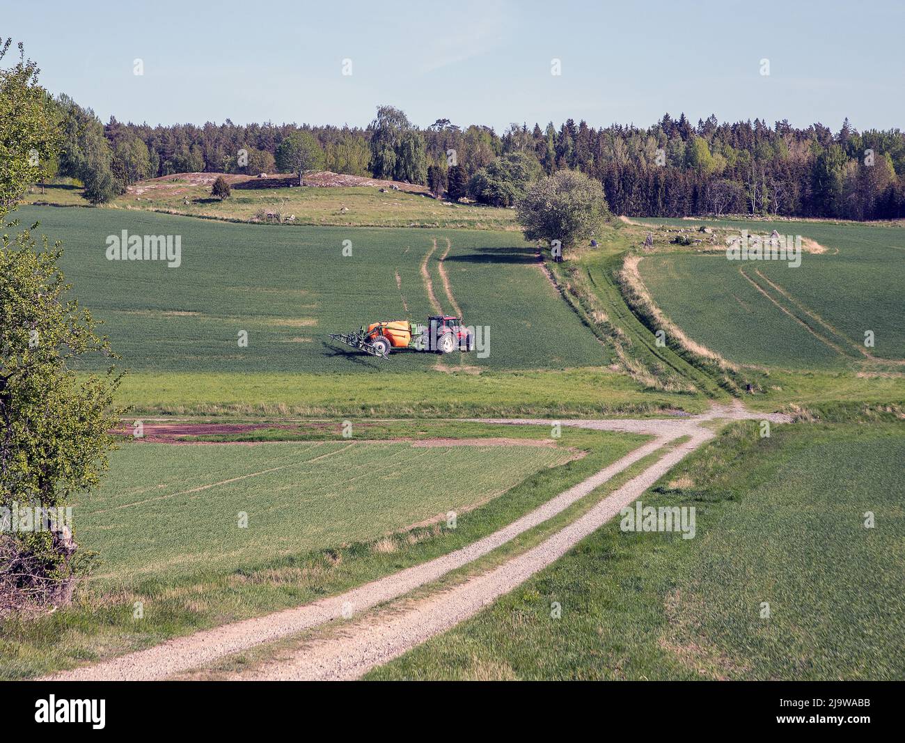 Spraying winter wheat crop in spring using a trailed sprayer, Stock Photo