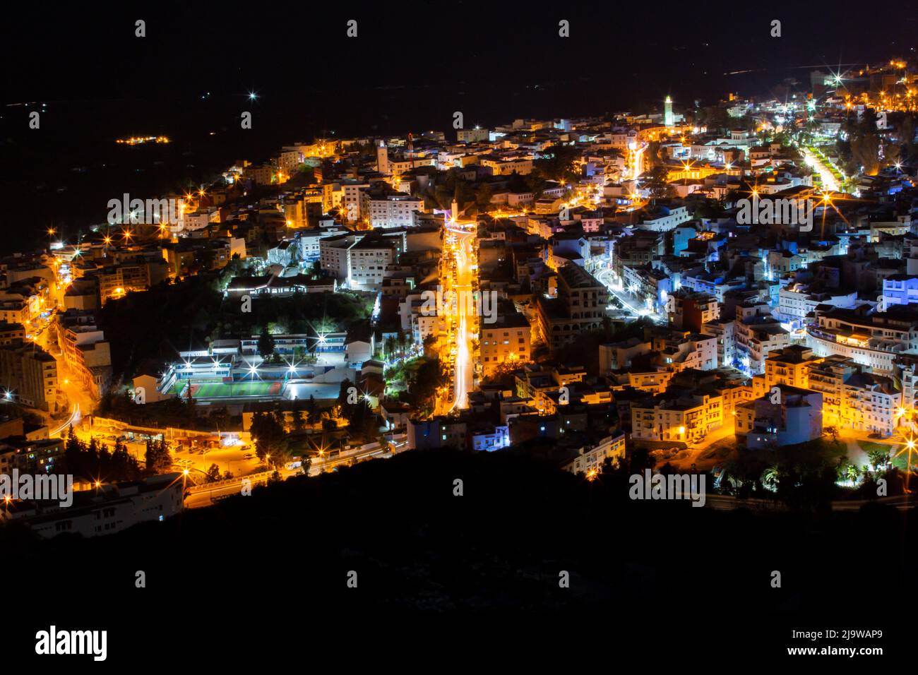 Cityscape of the blue city Chefchaouen by night Stock Photo